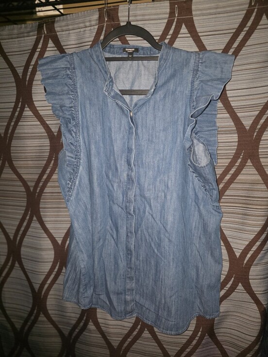 Express Tops - Express Light Blue Denim Ruffle Sleeve Button-Up Top